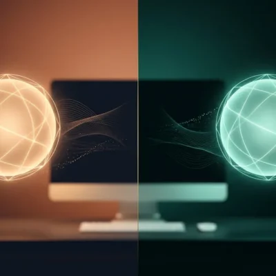 Claude vs ChatGPT compared for business in 2026 — two glowing AI orbs, warm amber and cool teal, on a dark editorial backdrop