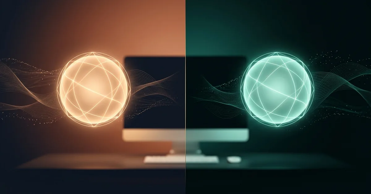 Claude vs ChatGPT compared for business in 2026 — two glowing AI orbs, warm amber and cool teal, on a dark editorial backdrop