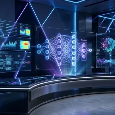 Modern AI control room with holographic neural network displays and data visualizations