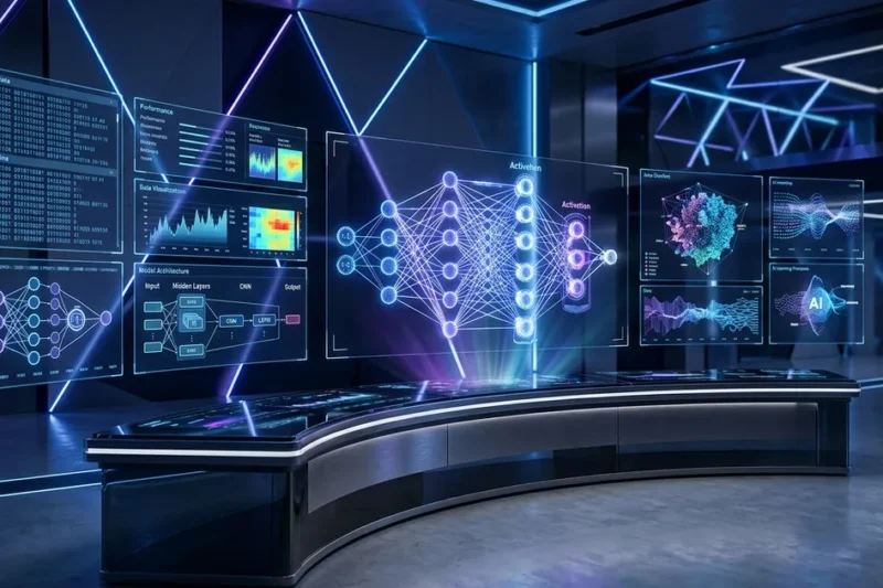 Modern AI control room with holographic neural network displays and data visualizations