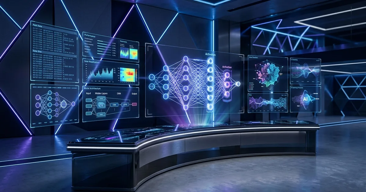 Modern AI control room with holographic neural network displays and data visualizations