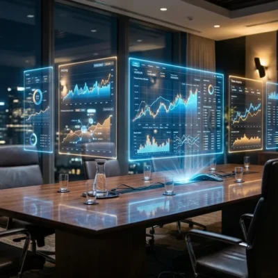 Holographic data dashboards floating over a modern conference table with city skyline at night