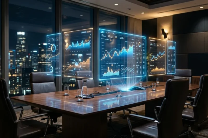 Holographic data dashboards floating over a modern conference table with city skyline at night