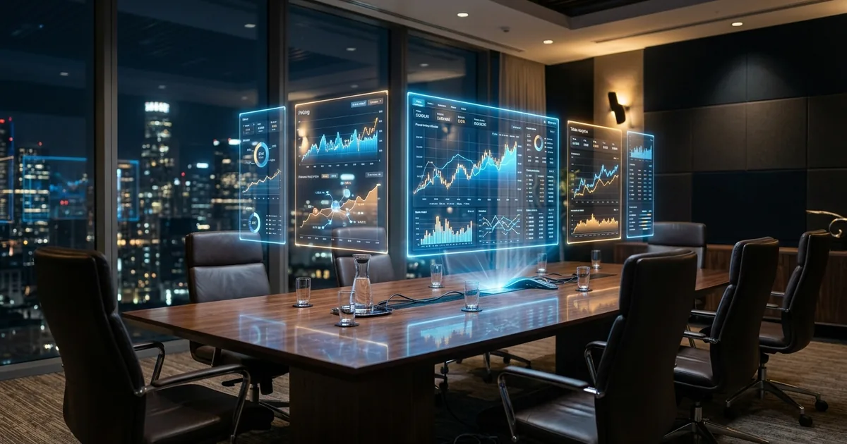 Holographic data dashboards floating over a modern conference table with city skyline at night