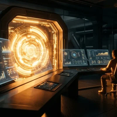Futuristic control room with glowing amber gateway and floating holographic data panels showing AI model benchmarks