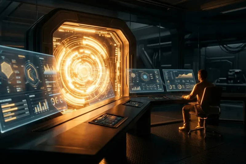 Futuristic control room with glowing amber gateway and floating holographic data panels showing AI model benchmarks