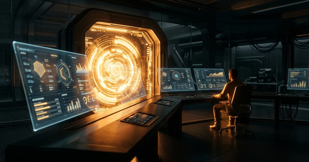 Futuristic control room with glowing amber gateway and floating holographic data panels showing AI model benchmarks
