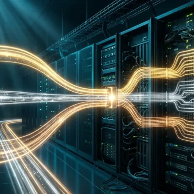 Gold, silver and bronze data streams flowing through a modern server rack corridor representing tiered AI model architecture
