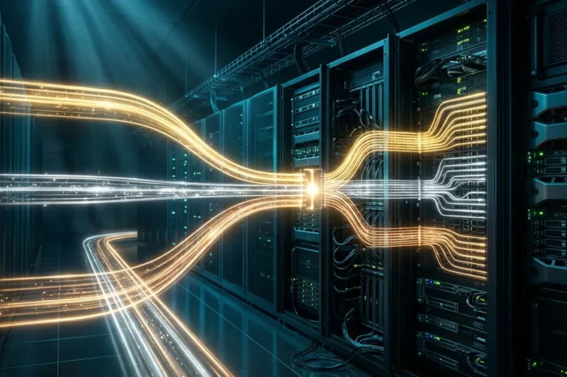 Gold, silver and bronze data streams flowing through a modern server rack corridor representing tiered AI model architecture