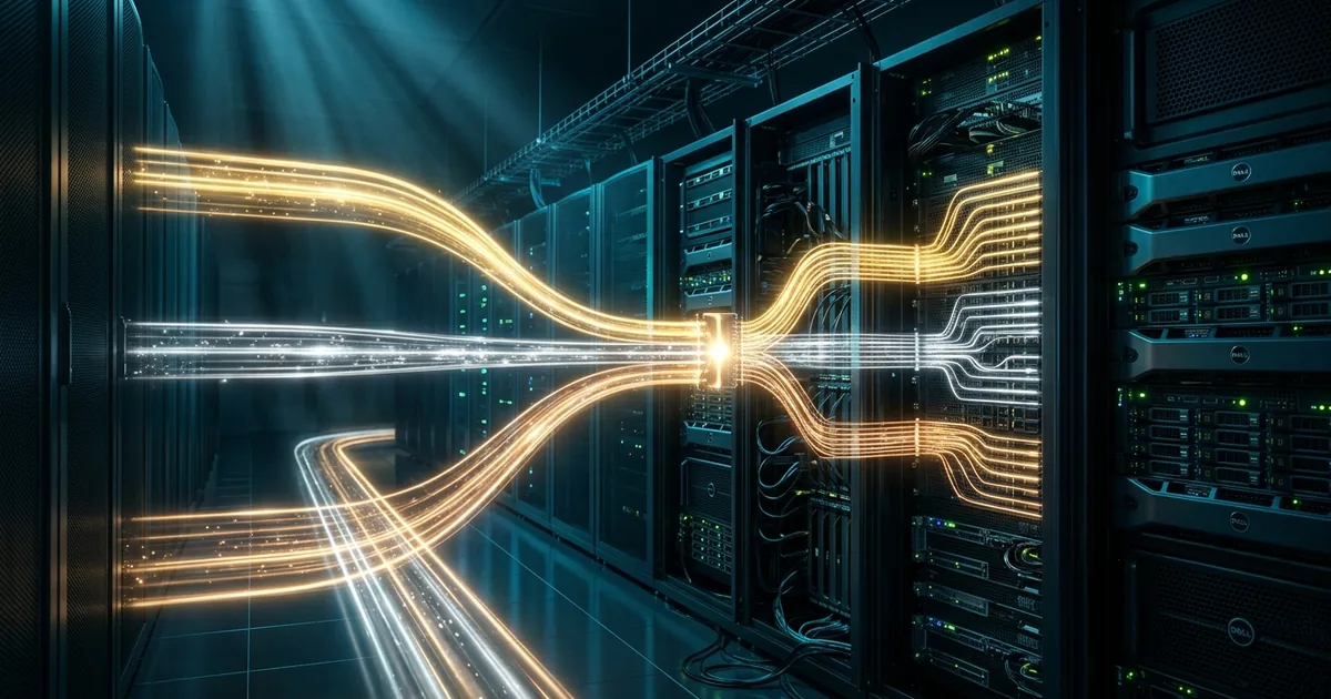 Gold, silver and bronze data streams flowing through a modern server rack corridor representing tiered AI model architecture