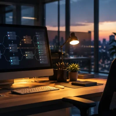 Modern office desk at dusk with a glowing computer screen showing an abstract workflow diagram of connected nodes, empty chair pushed back