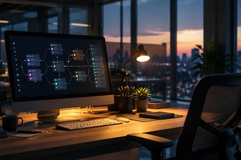 Modern office desk at dusk with a glowing computer screen showing an abstract workflow diagram of connected nodes, empty chair pushed back