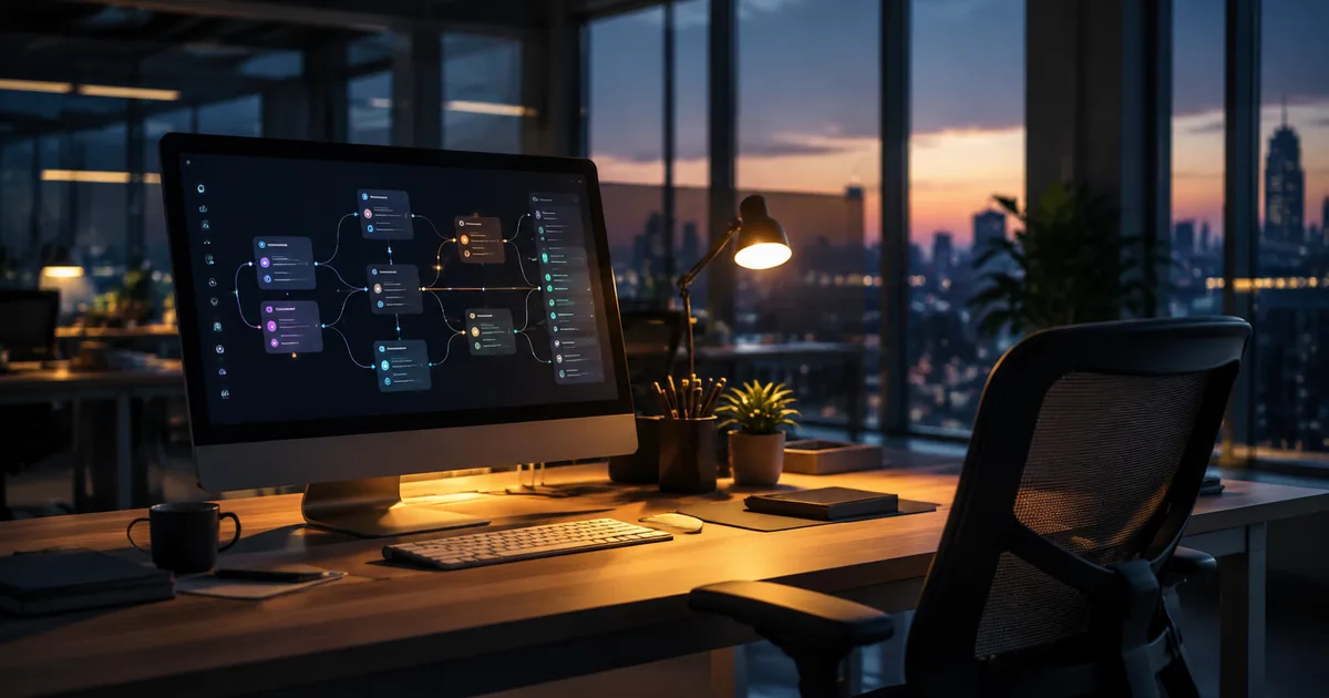 Modern office desk at dusk with a glowing computer screen showing an abstract workflow diagram of connected nodes, empty chair pushed back