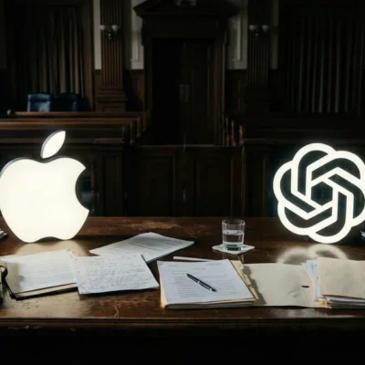 Apple logo and OpenAI logo facing each other across a dark courtroom table with legal documents
