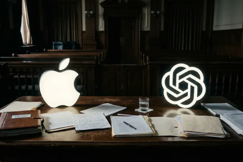 Apple logo and OpenAI logo facing each other across a dark courtroom table with legal documents