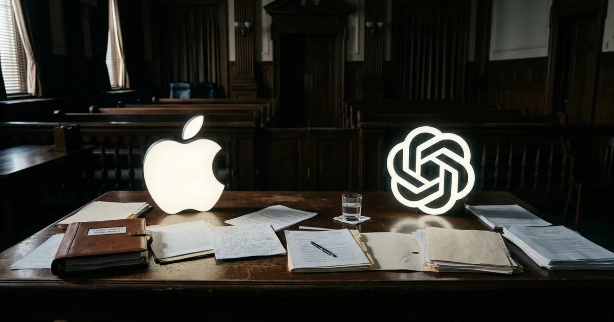 Apple logo and OpenAI logo facing each other across a dark courtroom table with legal documents