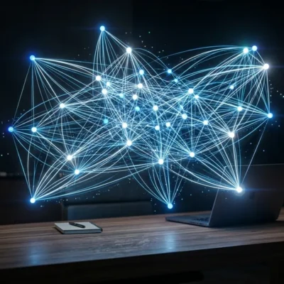Holographic graph theory diagram with glowing blue nodes and edges floating above a modern desk