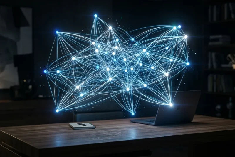 Holographic graph theory diagram with glowing blue nodes and edges floating above a modern desk
