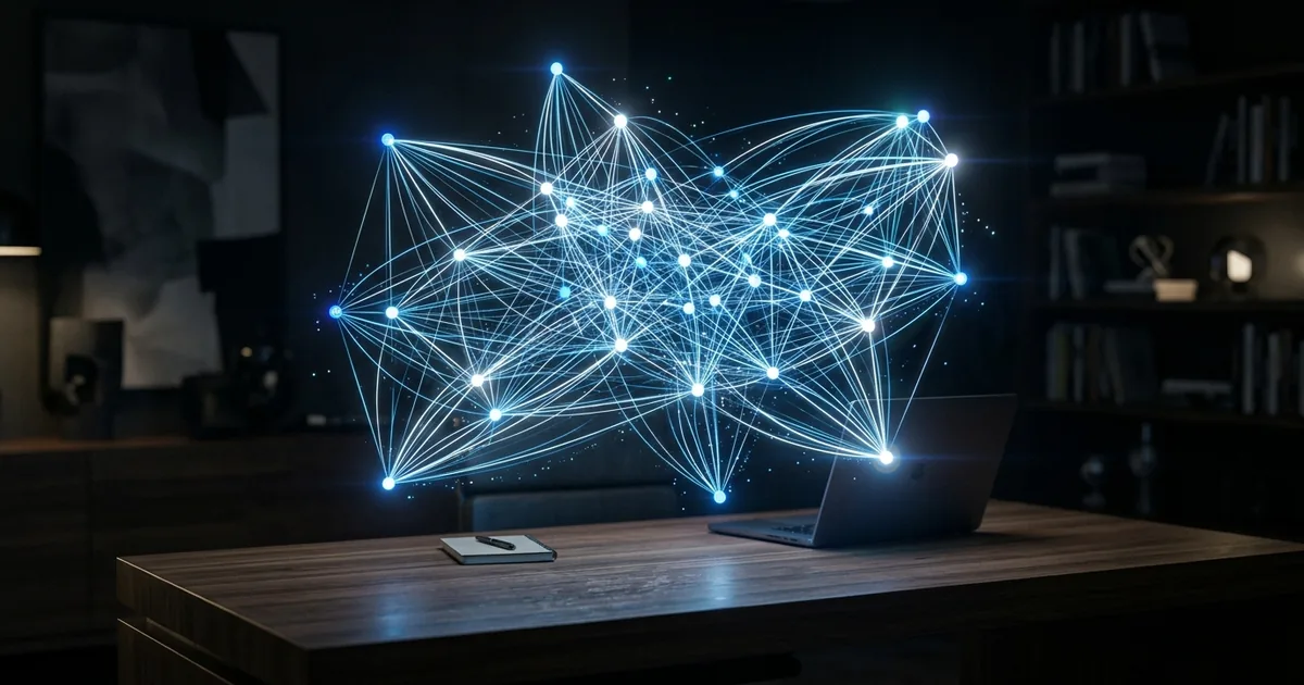 Holographic graph theory diagram with glowing blue nodes and edges floating above a modern desk