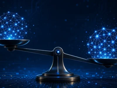 Editorial illustration of a digital balance beam with two glowing AI neural network nodes against a navy-blue circuit-board background