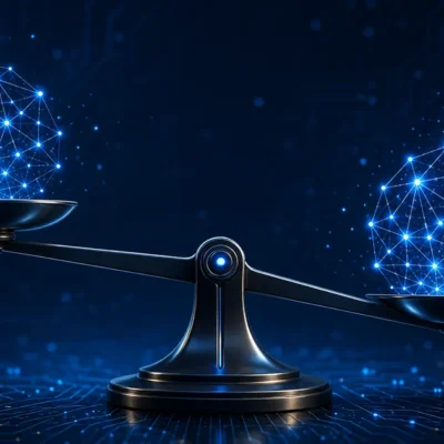 Editorial illustration of a digital balance beam with two glowing AI neural network nodes against a navy-blue circuit-board background