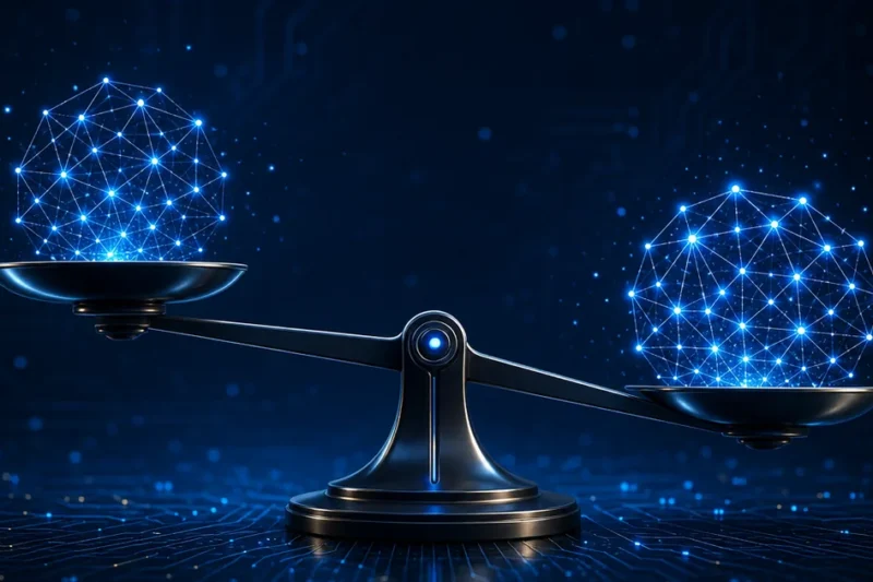 Editorial illustration of a digital balance beam with two glowing AI neural network nodes against a navy-blue circuit-board background