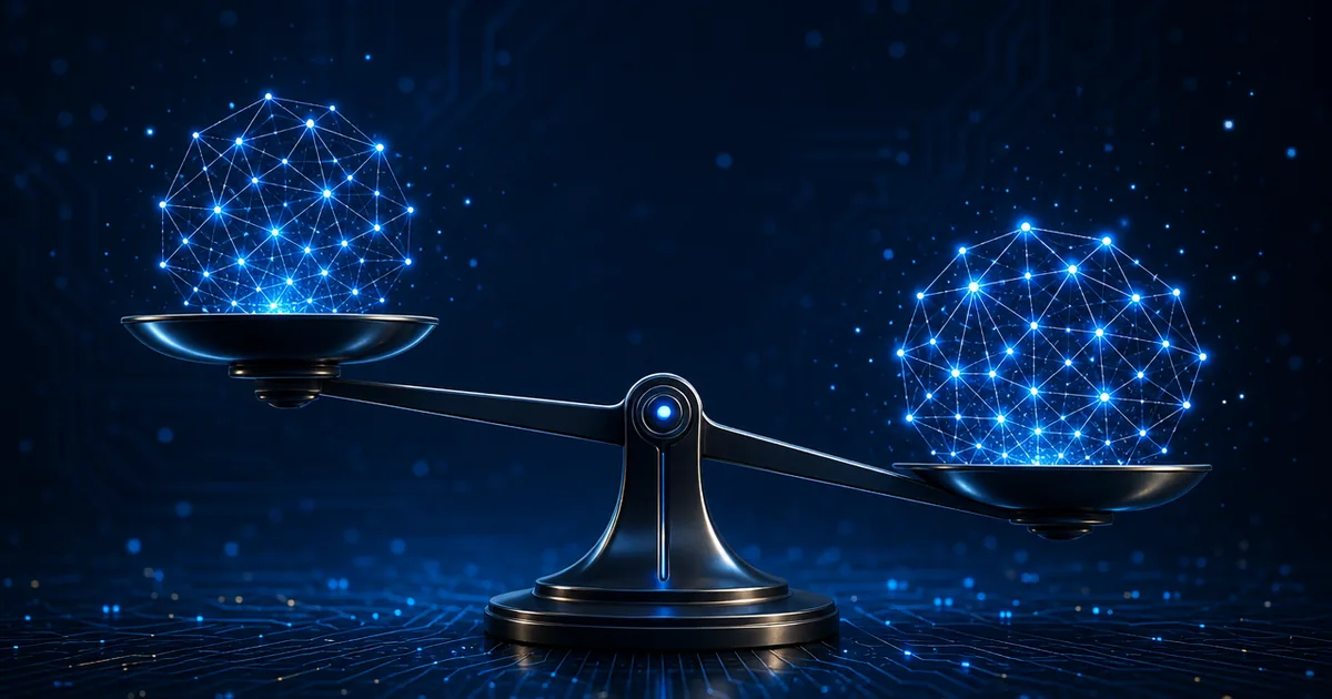 Editorial illustration of a digital balance beam with two glowing AI neural network nodes against a navy-blue circuit-board background