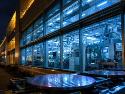 Semiconductor fabrication facility at night with blue and white clean room lights and silicon wafers on production line