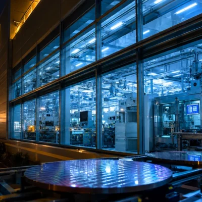 Semiconductor fabrication facility at night with blue and white clean room lights and silicon wafers on production line