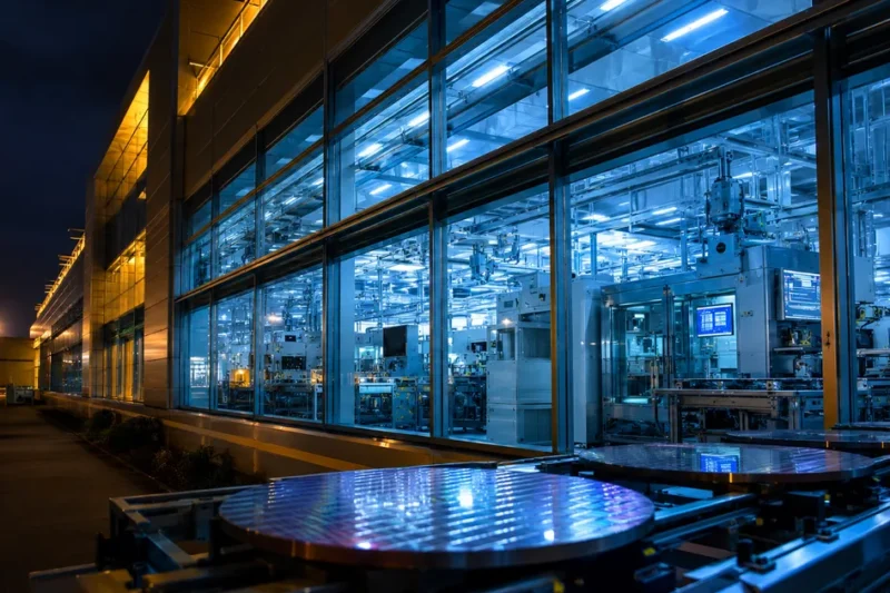 Semiconductor fabrication facility at night with blue and white clean room lights and silicon wafers on production line