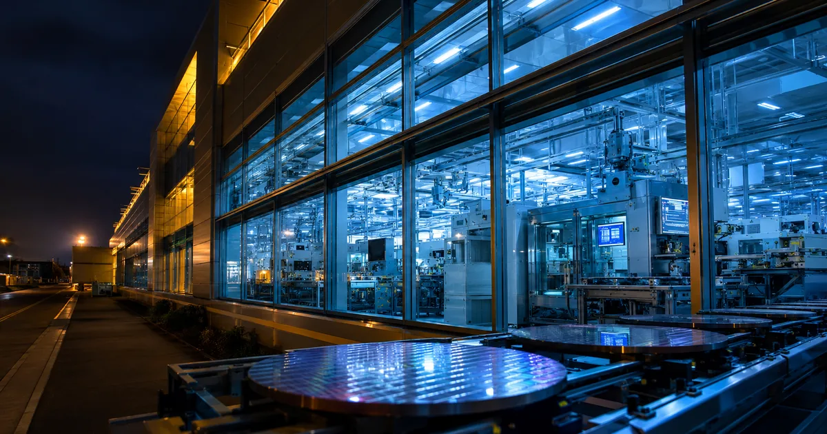 Semiconductor fabrication facility at night with blue and white clean room lights and silicon wafers on production line