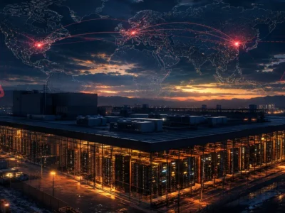 Editorial illustration of a data center at dusk with regulatory warning overlay and global connection map