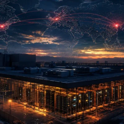 Editorial illustration of a data center at dusk with regulatory warning overlay and global connection map