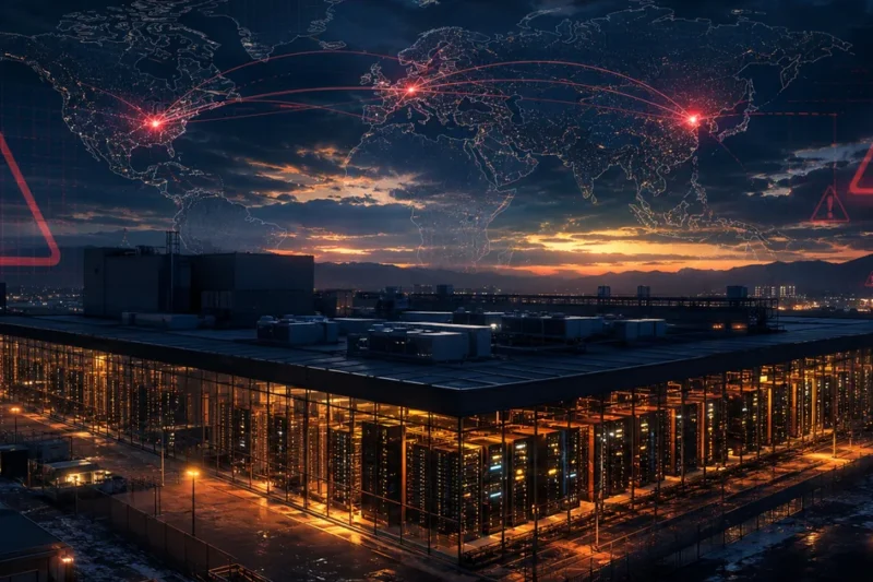 Editorial illustration of a data center at dusk with regulatory warning overlay and global connection map