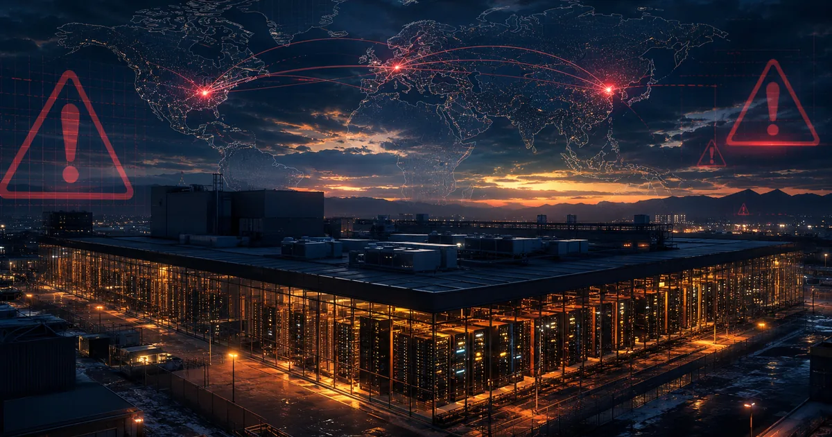 Editorial illustration of a data center at dusk with regulatory warning overlay and global connection map