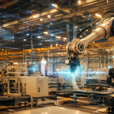 Robotic arm in a modern Japanese manufacturing facility with digital data streams and holographic interface elements
