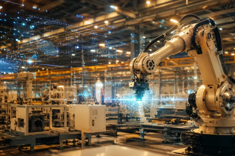 Robotic arm in a modern Japanese manufacturing facility with digital data streams and holographic interface elements