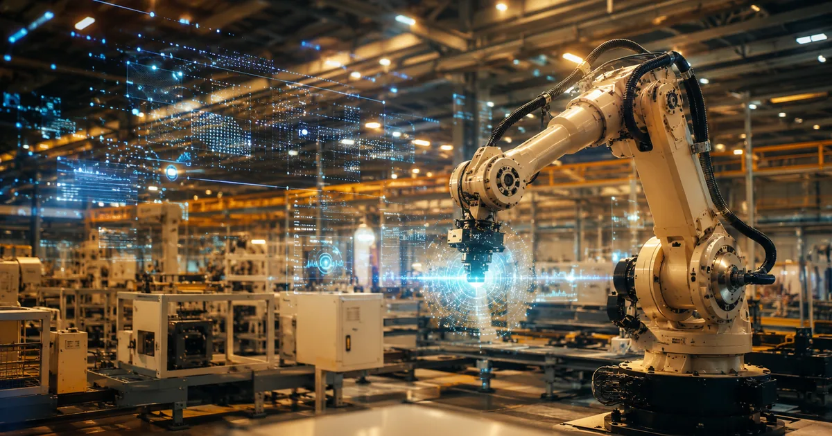 Robotic arm in a modern Japanese manufacturing facility with digital data streams and holographic interface elements
