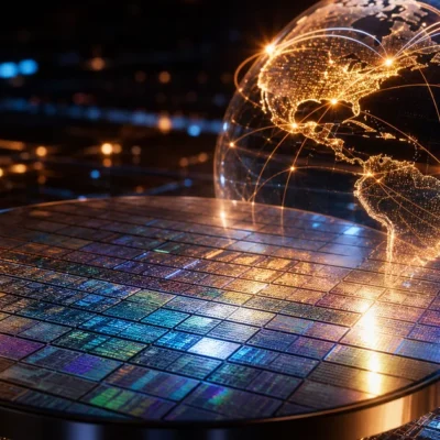 Silicon wafer reflecting AI chip designs with luminous globe showing data flow connections