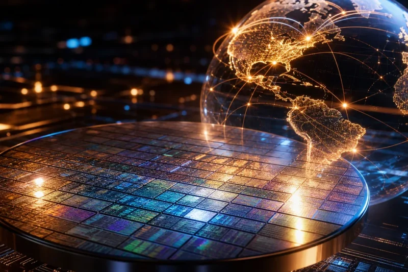 Silicon wafer reflecting AI chip designs with luminous globe showing data flow connections
