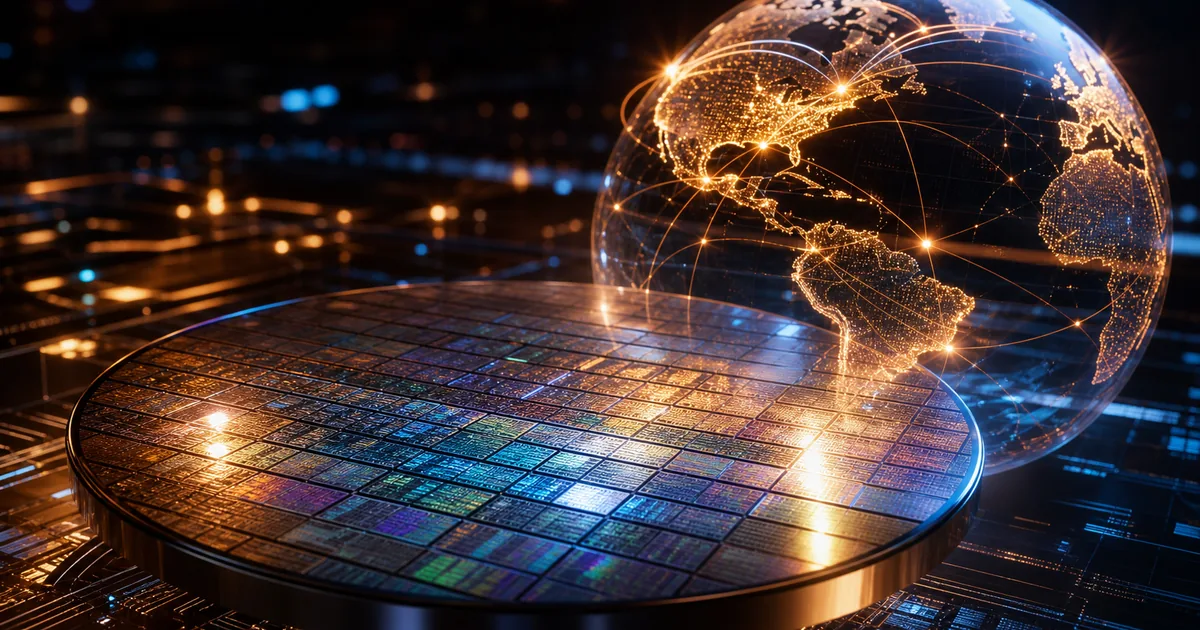 Silicon wafer reflecting AI chip designs with luminous globe showing data flow connections