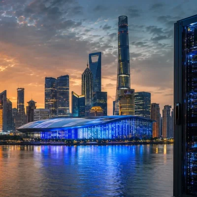 Shanghai skyline at dusk with World AI Conference venue and server rack silhouette