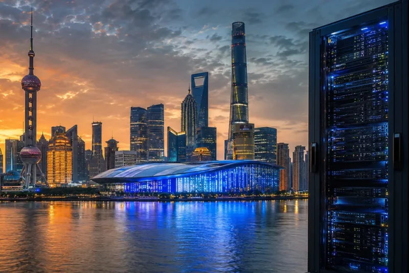 Shanghai skyline at dusk with World AI Conference venue and server rack silhouette