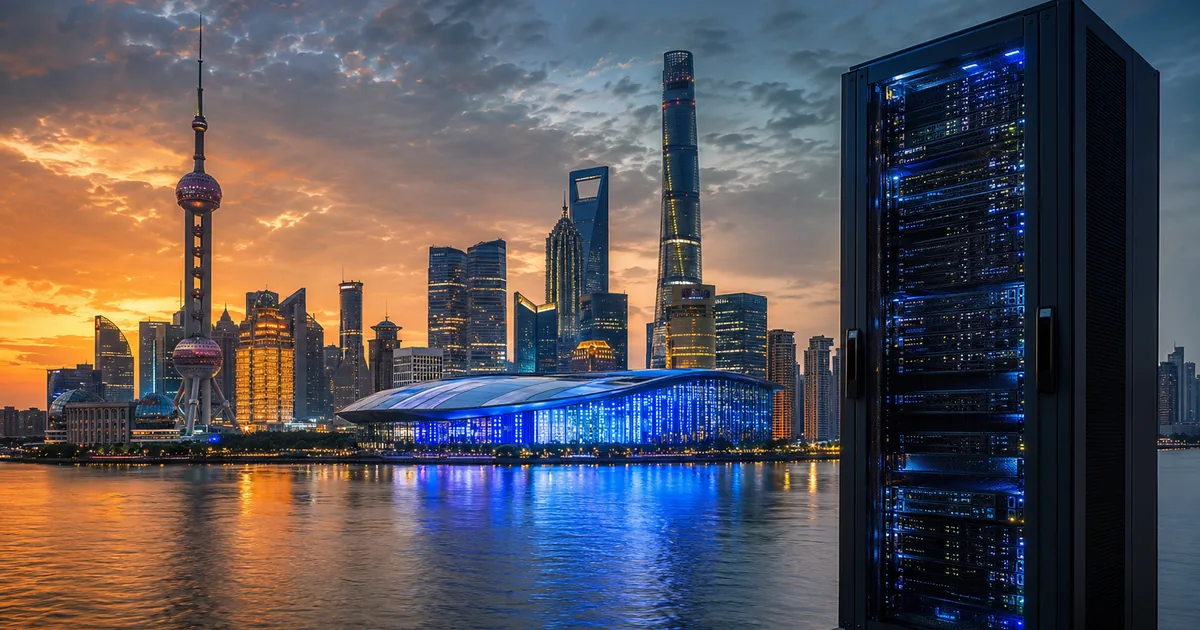 Shanghai skyline at dusk with World AI Conference venue and server rack silhouette