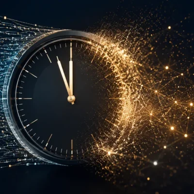 Abstract editorial composition of a digital clock at midnight with data streams dissolving into golden particles