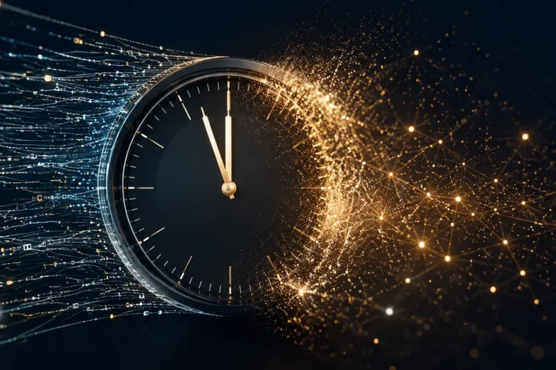 Abstract editorial composition of a digital clock at midnight with data streams dissolving into golden particles