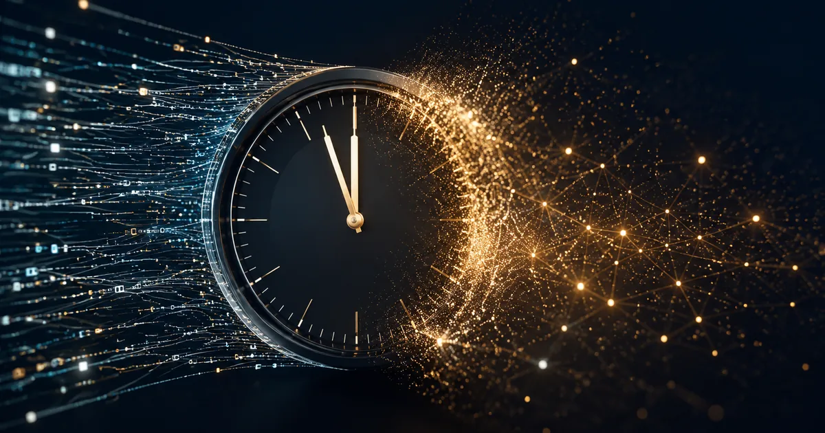 Abstract editorial composition of a digital clock at midnight with data streams dissolving into golden particles