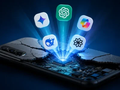 Cracked-open Android phone revealing glowing circuit board with AI assistant light beams on dark blue background