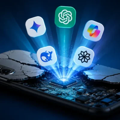 Cracked-open Android phone revealing glowing circuit board with AI assistant light beams on dark blue background
