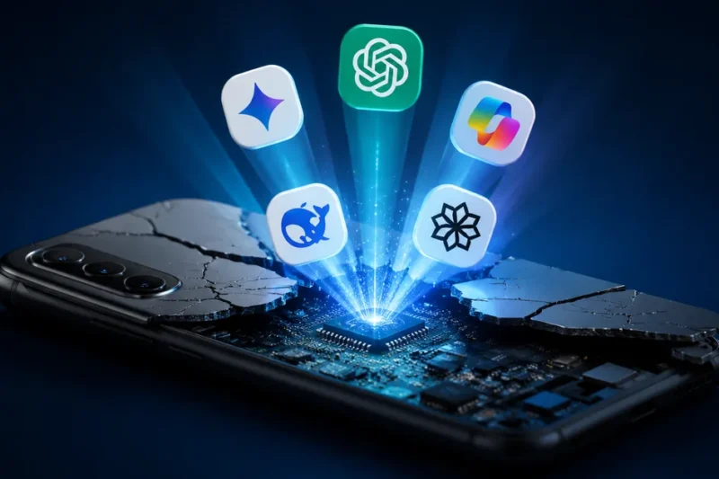 Cracked-open Android phone revealing glowing circuit board with AI assistant light beams on dark blue background